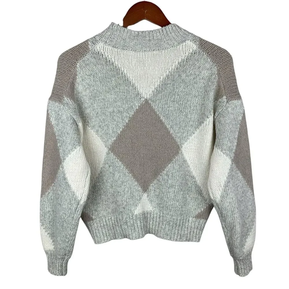 Ann Taylor Sweater Pullover Argyle Grey Cream Soft Knit Mock Neck Women's S - Picture 5 of 7